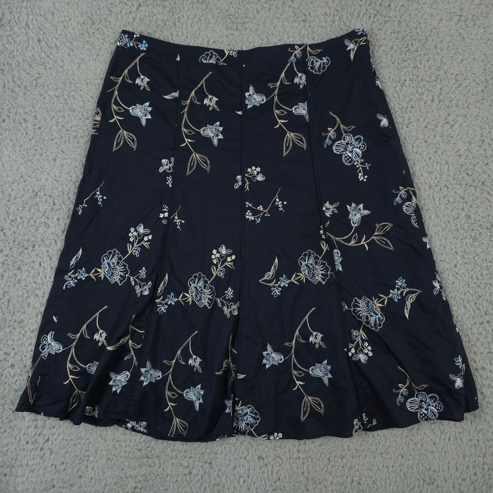 Ann Taylor‎ Skirt Womens 4P Blue Embroidered Flowers Lined Twirl A Line Knee
